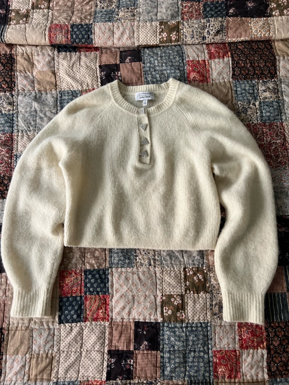 & Other Stories Cream Alpaca Wool Cropped Ribbed Henley Sweater Crystal Buttons